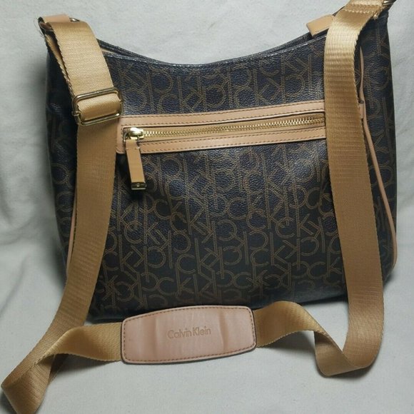 Calvin Klein Handbags - Calvin Klein Women's Monogram Logo Print Classy Shoulder Bag in Brown/Tan USED